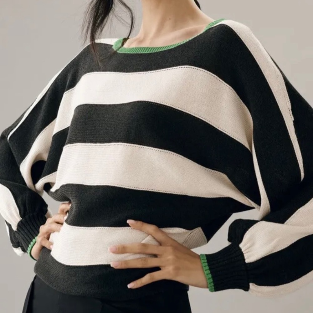 Striped Black and Cream Knit Sweater with Green Trim